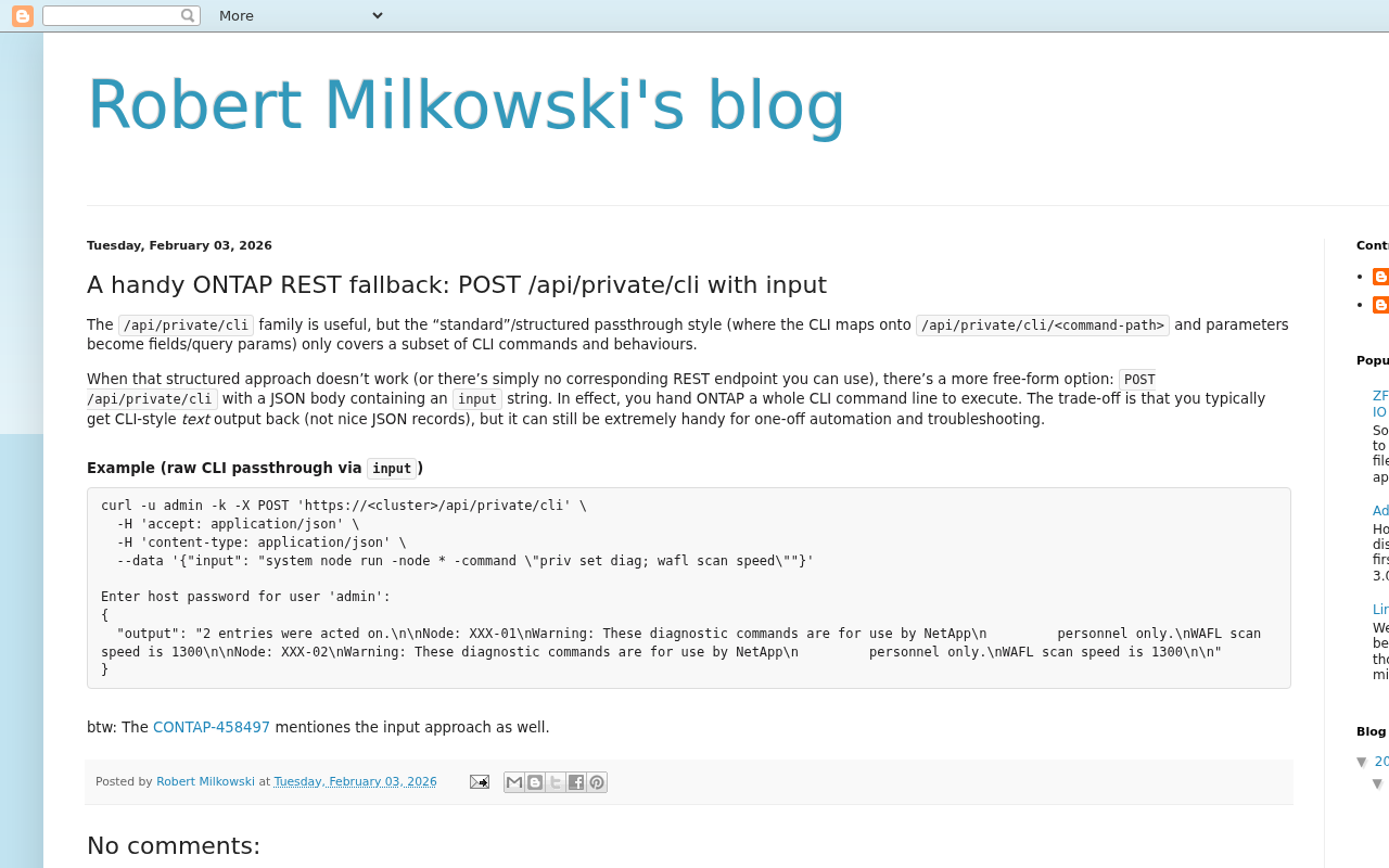 Screenshot of A handy ONTAP REST fallback: POST /api/private/cli with input