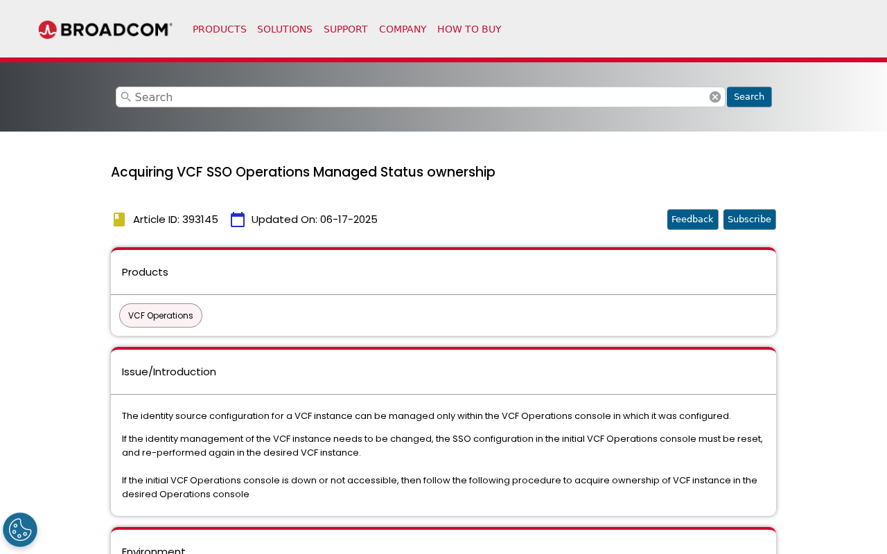 Screenshot of Acquiring VCF SSO Operations Managed Status ownership