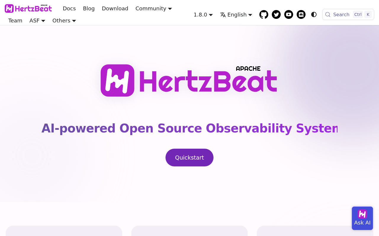 Screenshot of Apache HertzBeat - Agentless Monitoring System · AI-powered open source real-time monitoring system for metrics, logs, alerts, and observability. No agent required. | Apache HertzBeat - Agentless Monitoring System
