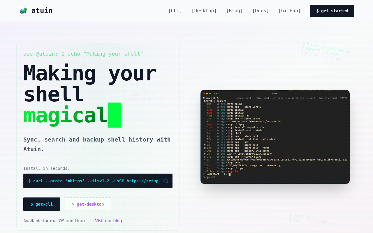 Screenshot of Atuin - Shell History & Executable Runbooks