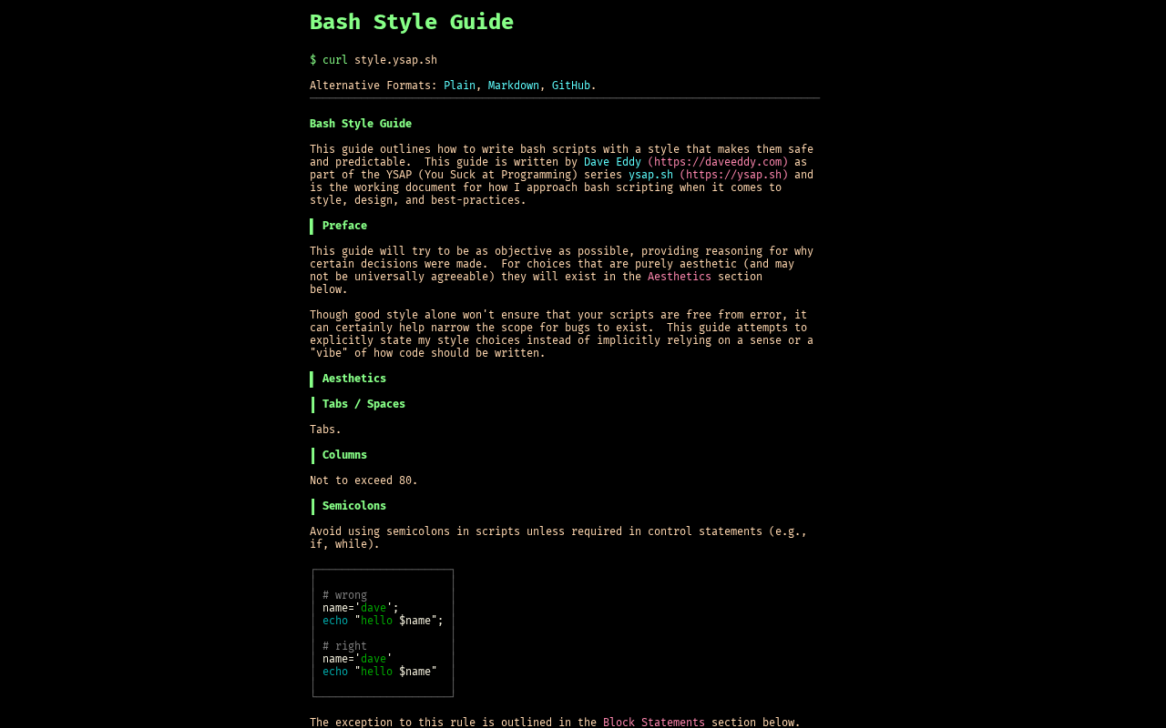Screenshot of Bash Style Guide | ysap.sh
