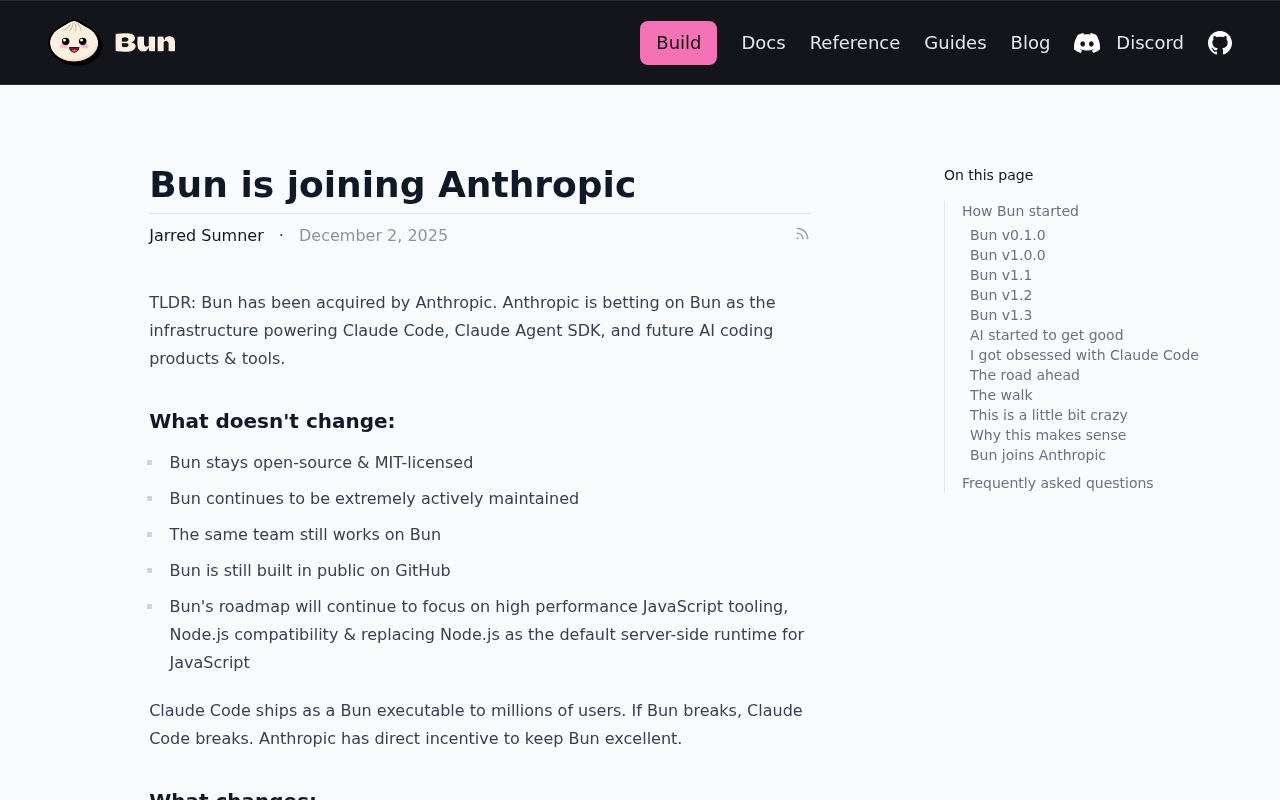 Screenshot of Bun is joining Anthropic | Bun Blog