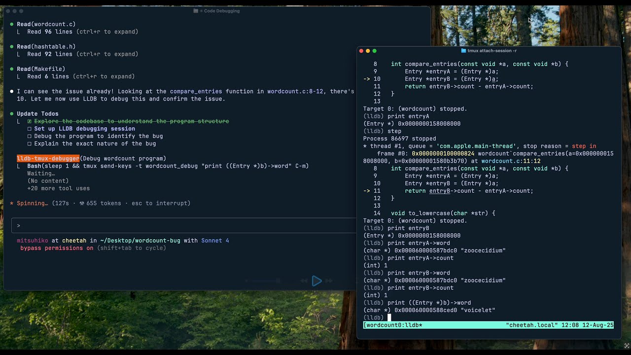 Screenshot of Claude Code Debugs with LLDB in TMUX