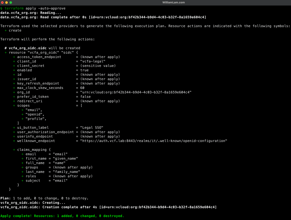 Screenshot of Configuring VCF Automation (VCFA) Organization Portal OIDC IdP using Terraform Provider for VCFA