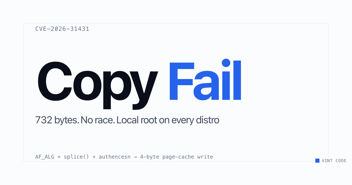 Screenshot of Copy Fail — 732 Bytes to Root