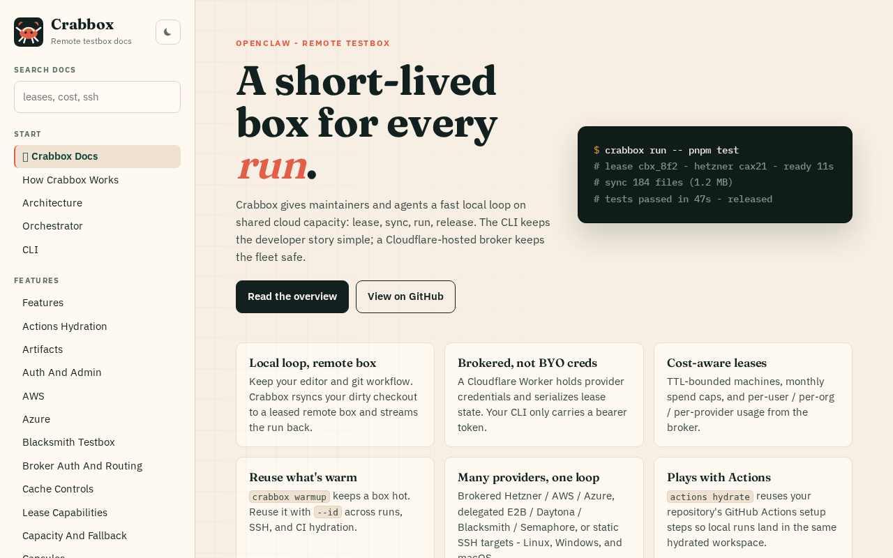Screenshot of 🦀 Crabbox Docs - Crabbox Docs