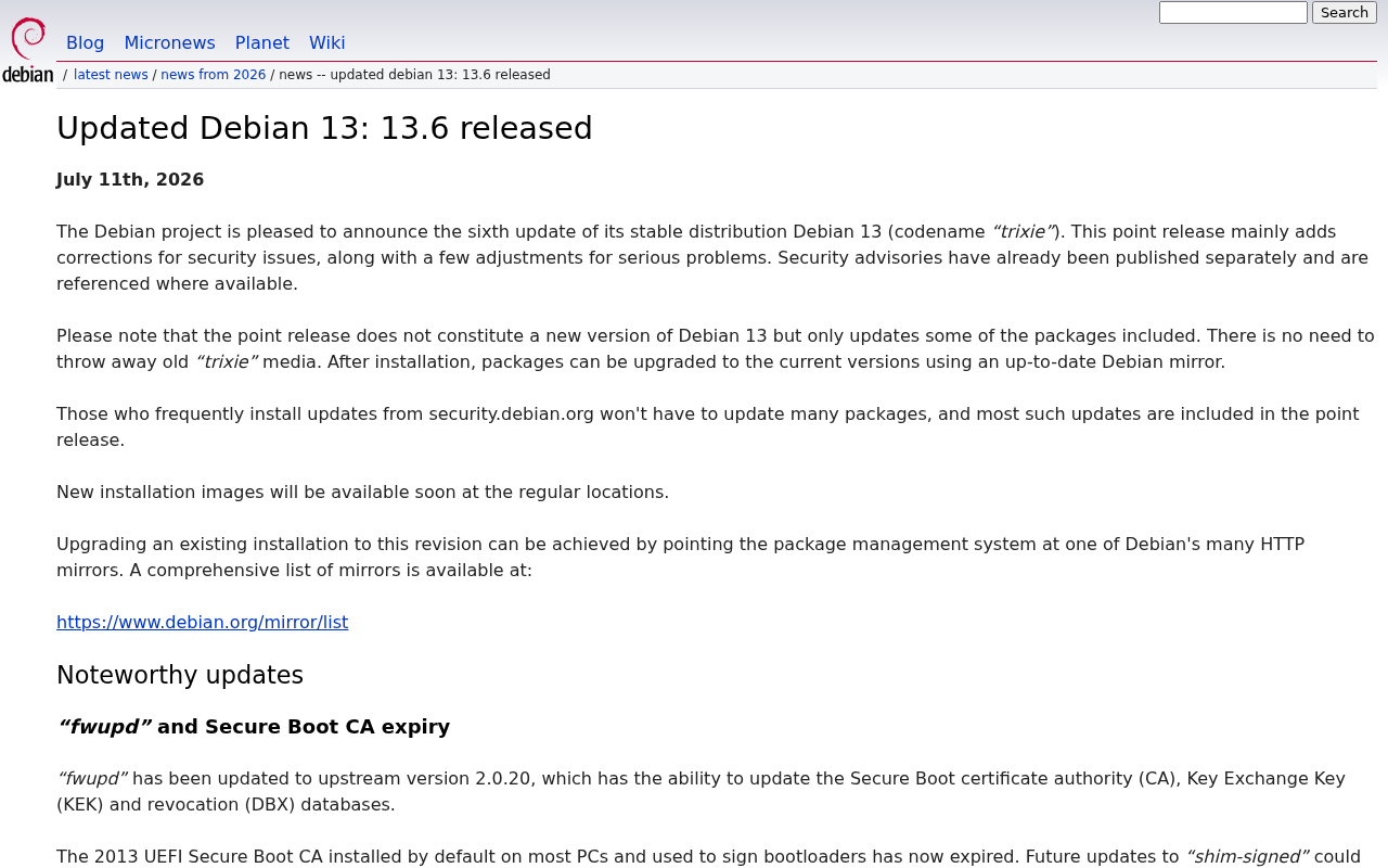 Screenshot of Debian -- News -- Updated Debian 13: 13.6 released