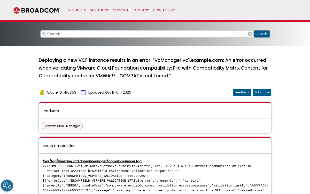 Screenshot of Deploying a new VCF instance results in an error: “VcManager vc1.example.com: An error occurred when validating VMware Cloud Foundation compatibility: File with Compatibility Matrix Content for Compatibility controller VMWARE_COMPAT is not found.”