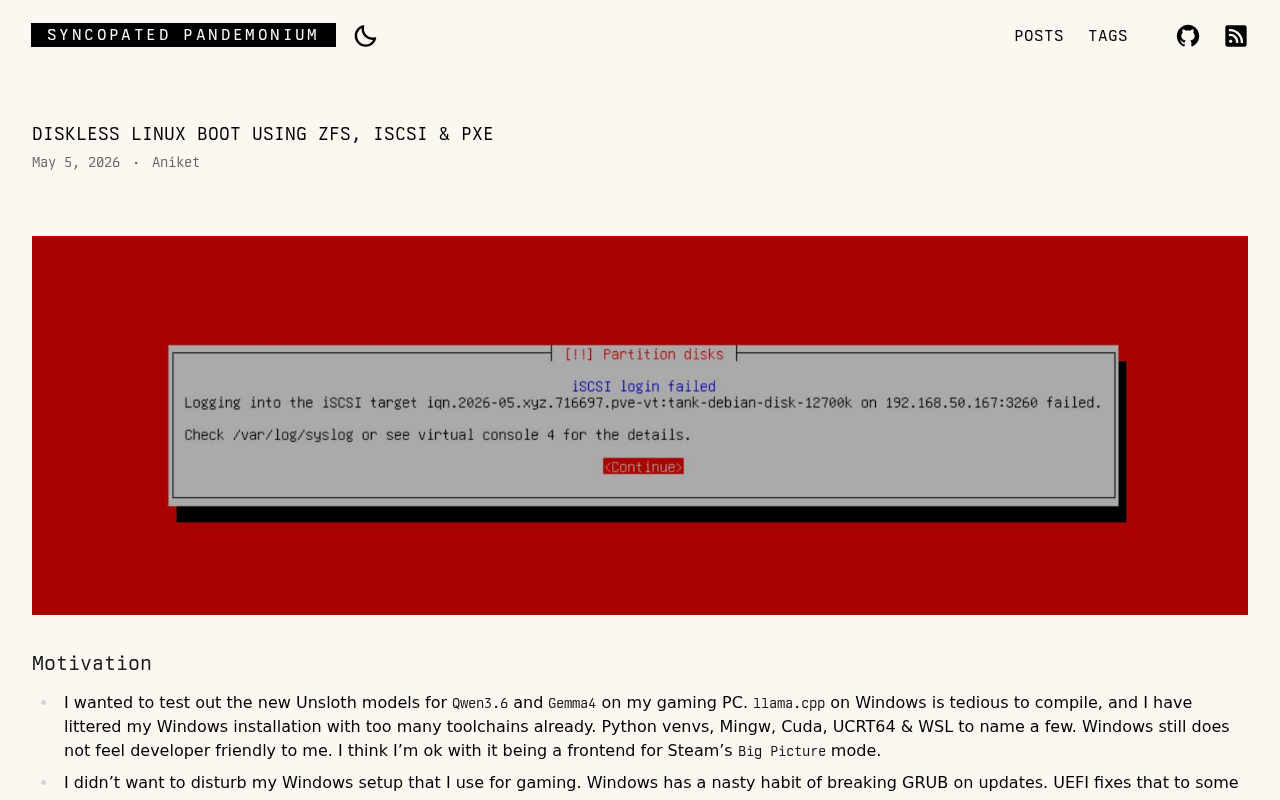 Screenshot of Diskless Linux boot using ZFS, iSCSI & PXE