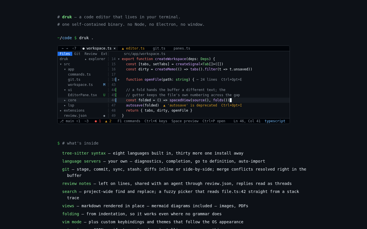 Screenshot of druk — a code editor in your terminal