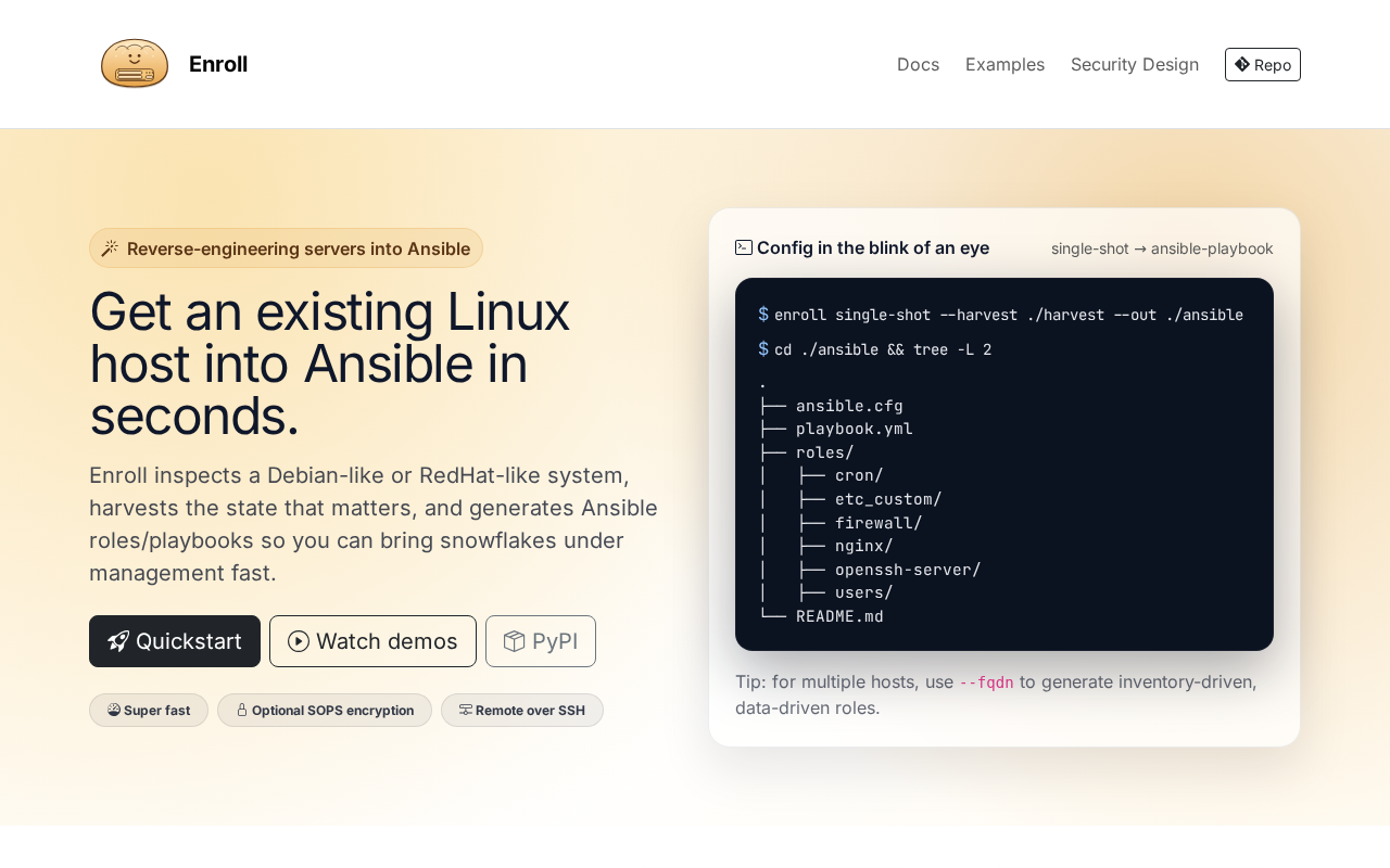 Screenshot of Enroll - Reverse-engineering servers into Ansible