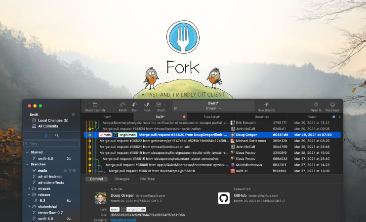 Screenshot of Fork - a fast and friendly git client for Mac and Windows