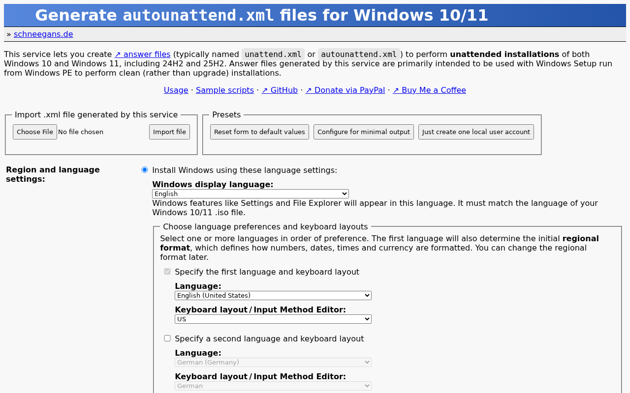 Screenshot of Generate autounattend.xml files for Windows 10/11