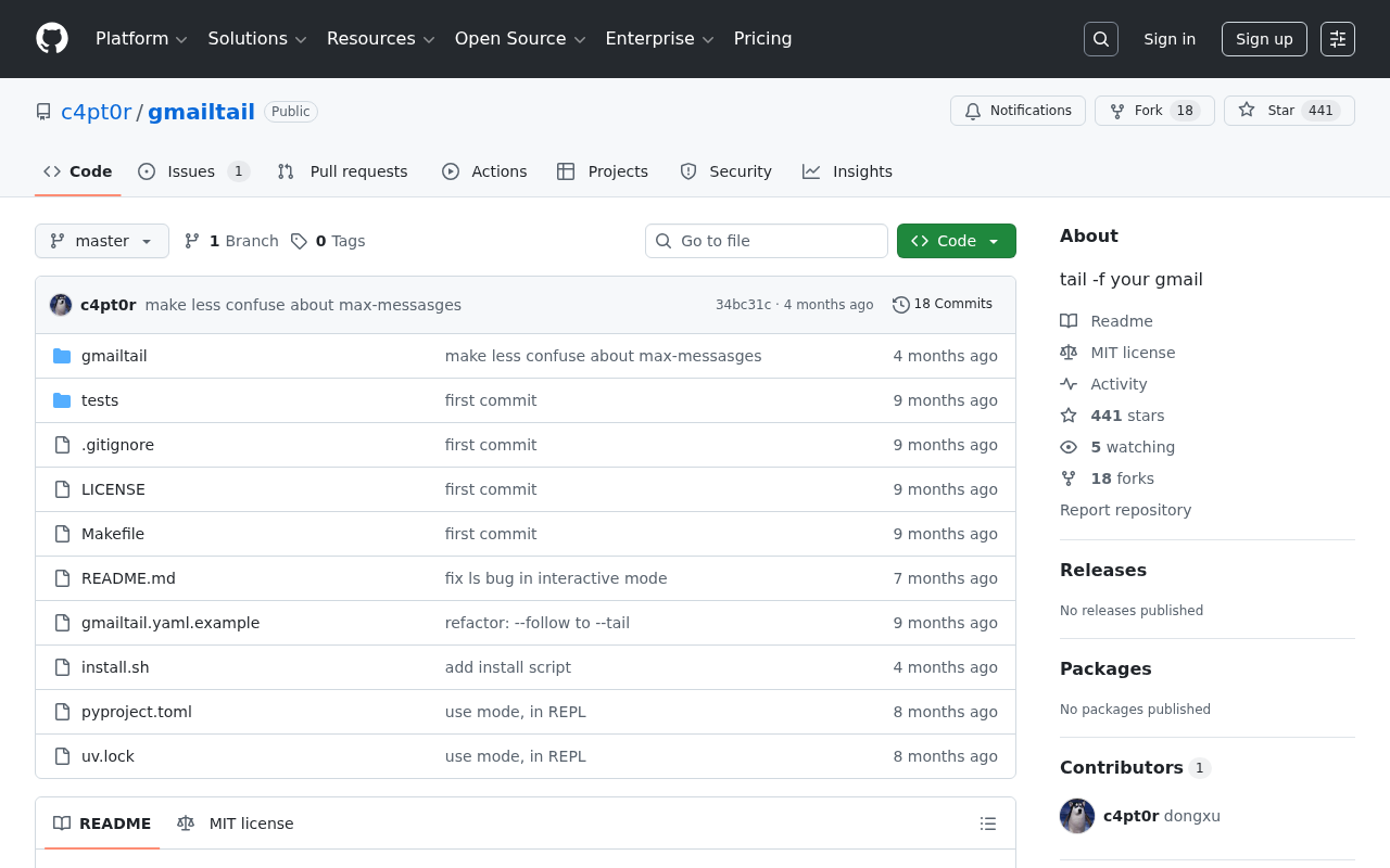 Screenshot of GitHub - c4pt0r/gmailtail: tail -f your gmail