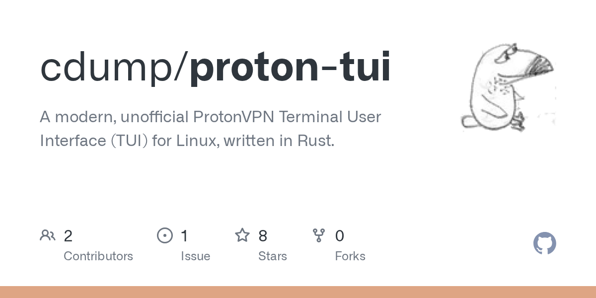 Screenshot of GitHub - cdump/proton-tui: A modern, unofficial ProtonVPN Terminal User Interface (TUI) for Linux, written in Rust.