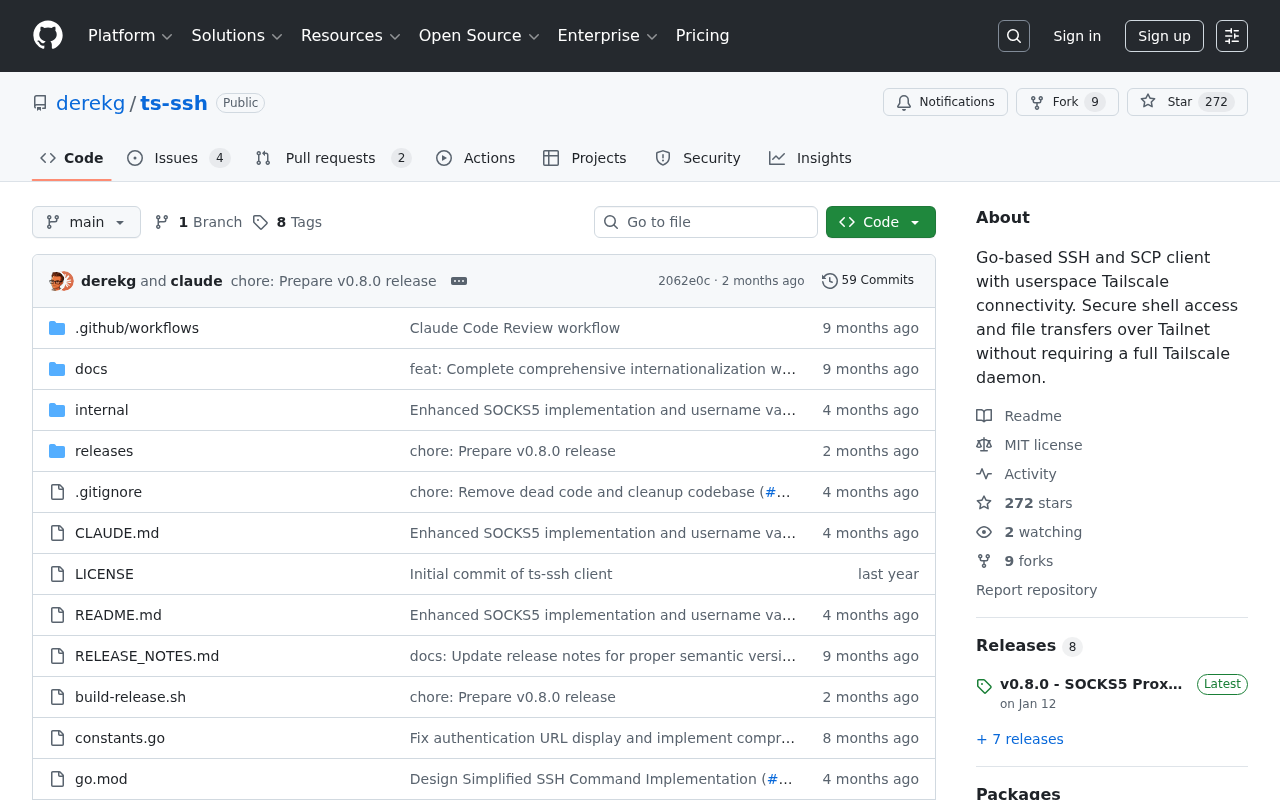 Screenshot of GitHub - derekg/ts-ssh: Go-based SSH and SCP client with userspace Tailscale connectivity. Secure shell access and file transfers over Tailnet without requiring a full Tailscale daemon.
