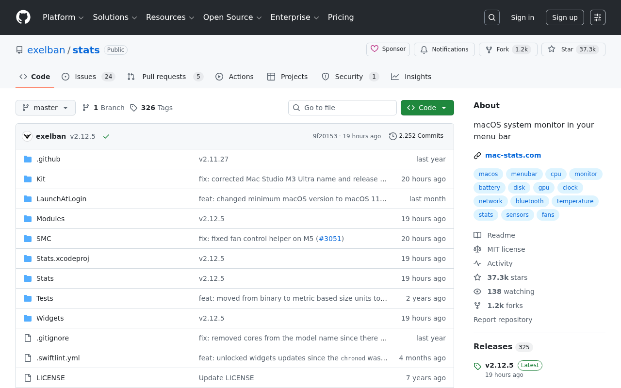 Screenshot of GitHub - exelban/stats: macOS system monitor in your menu bar