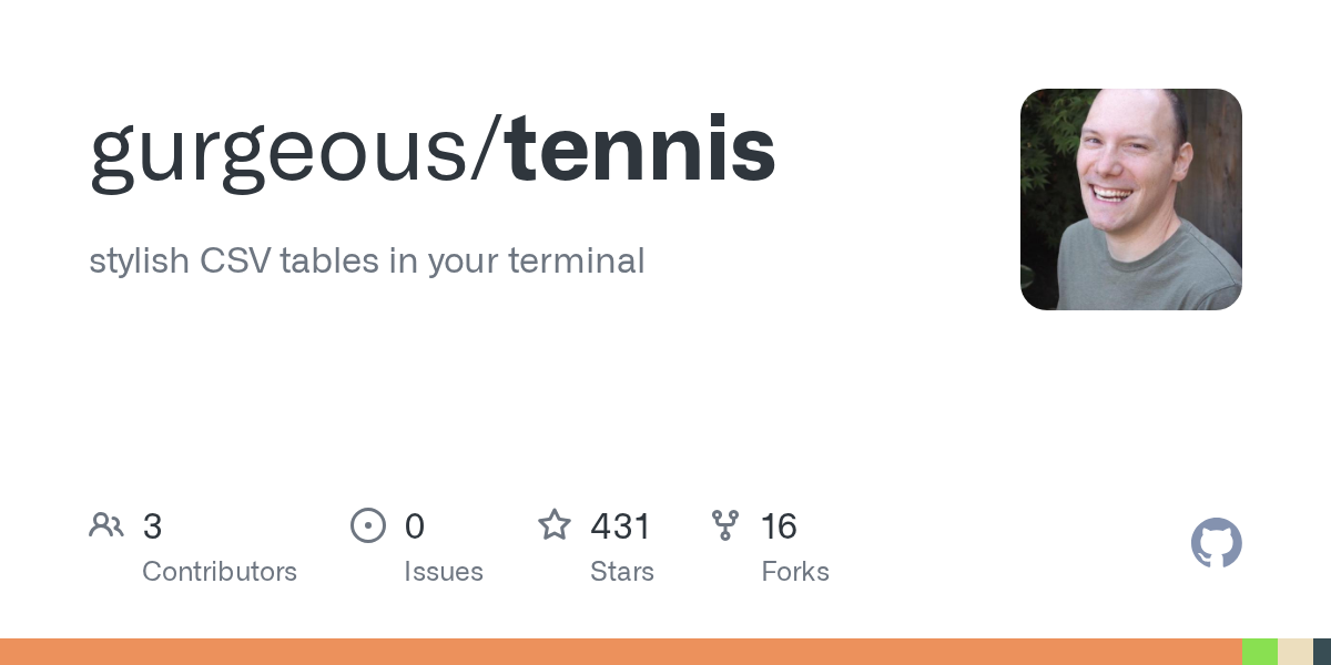 Screenshot of GitHub - gurgeous/tennis: stylish CSV tables in your terminal