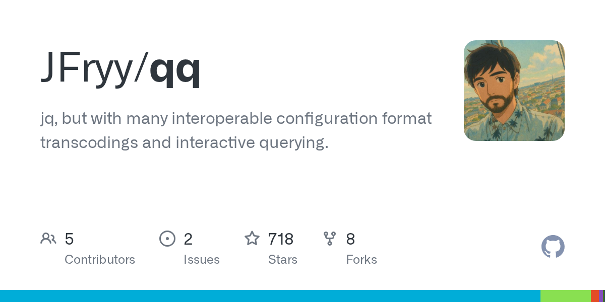 Screenshot of GitHub - JFryy/qq: jq, but with many interoperable configuration format transcodings and interactive querying.
