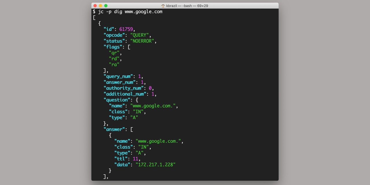Screenshot of GitHub - kellyjonbrazil/jc: CLI tool and python library that converts the output of popular command-line tools, file-types, and common strings to JSON, YAML, or Dictionaries. This allows piping of output to tools like jq and simplifying automation scripts.