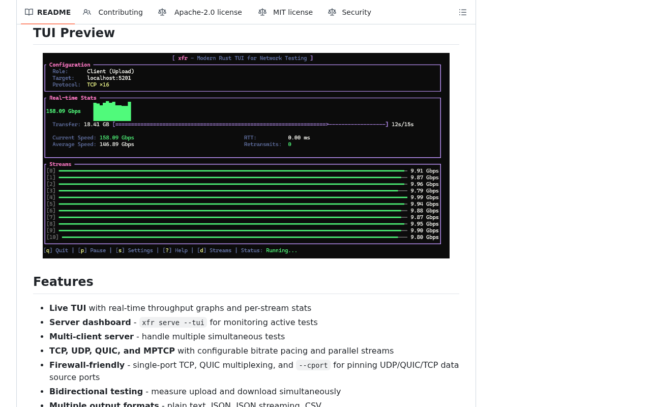 Screenshot of GitHub - lance0/xfr: A modern iperf3 alternative with a live TUI, multi-client server, and QUIC support. Built in Rust.