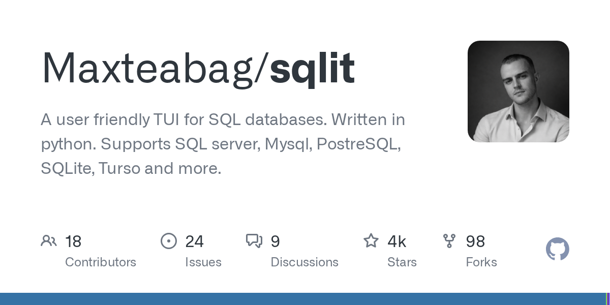 Screenshot of GitHub - Maxteabag/sqlit: A user friendly TUI for SQL databases. Written in python. Supports SQL server, Mysql, PostreSQL, SQLite, Turso and more.