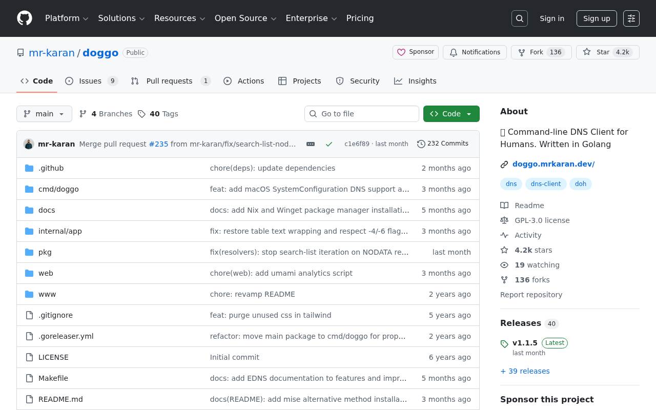 Screenshot of GitHub - mr-karan/doggo at terminaltrove