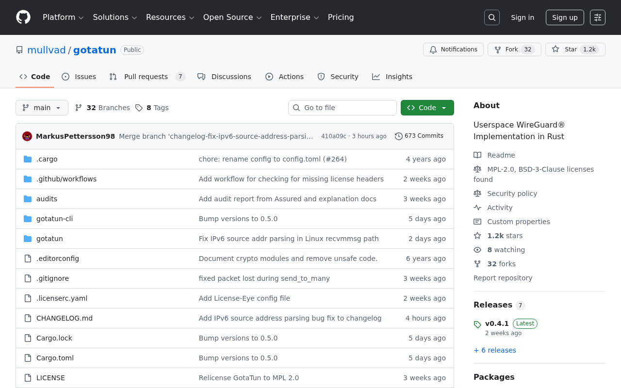 Screenshot of GitHub - mullvad/gotatun: Userspace WireGuard® Implementation in Rust