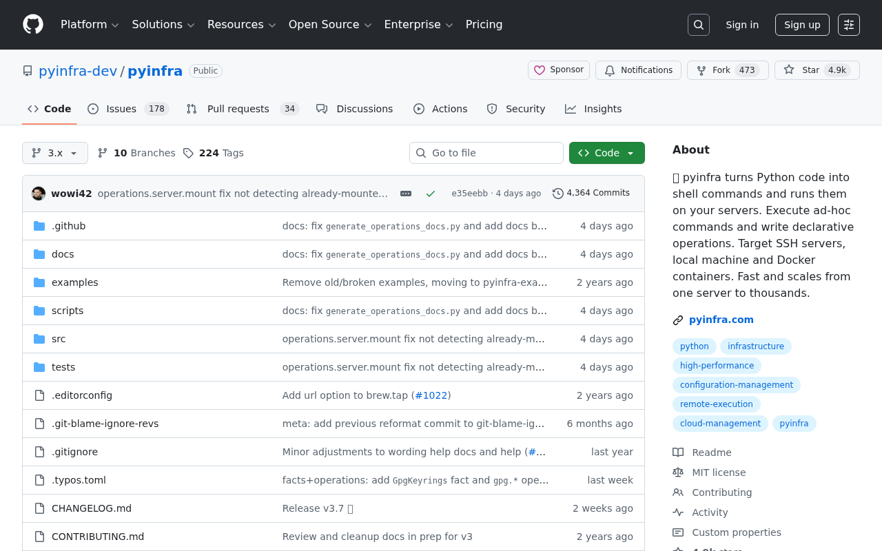 Screenshot of GitHub - pyinfra-dev/pyinfra: 🔧 pyinfra turns Python code into shell commands and runs them on your servers. Execute ad-hoc commands and write declarative operations. Target SSH servers, local machine and Docker containers. Fast and scales from one server to thousands.
