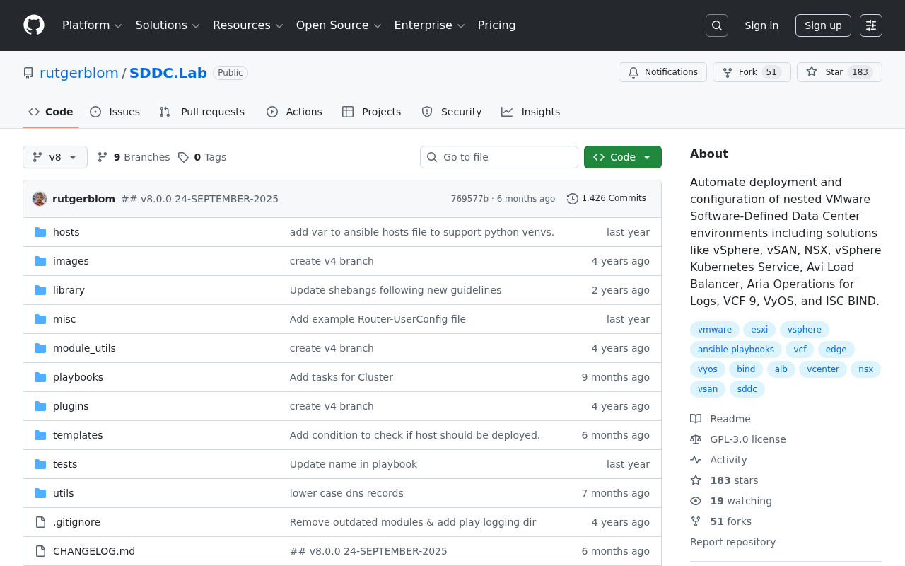 Screenshot of GitHub - rutgerblom/SDDC.Lab: Automate deployment and configuration of nested VMware Software-Defined Data Center environments including solutions like vSphere, vSAN, NSX, vSphere Kubernetes Service, Avi Load Balancer, Aria Operations for Logs, VCF 9, VyOS, and ISC BIND.
