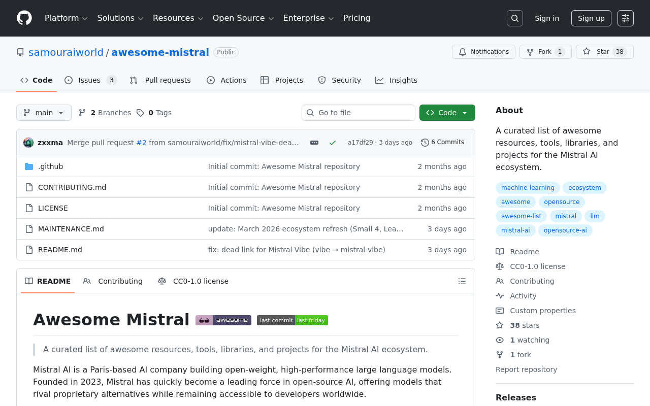 Screenshot of GitHub - samouraiworld/awesome-mistral: A curated list of awesome resources, tools, libraries, and projects for the Mistral AI ecosystem.