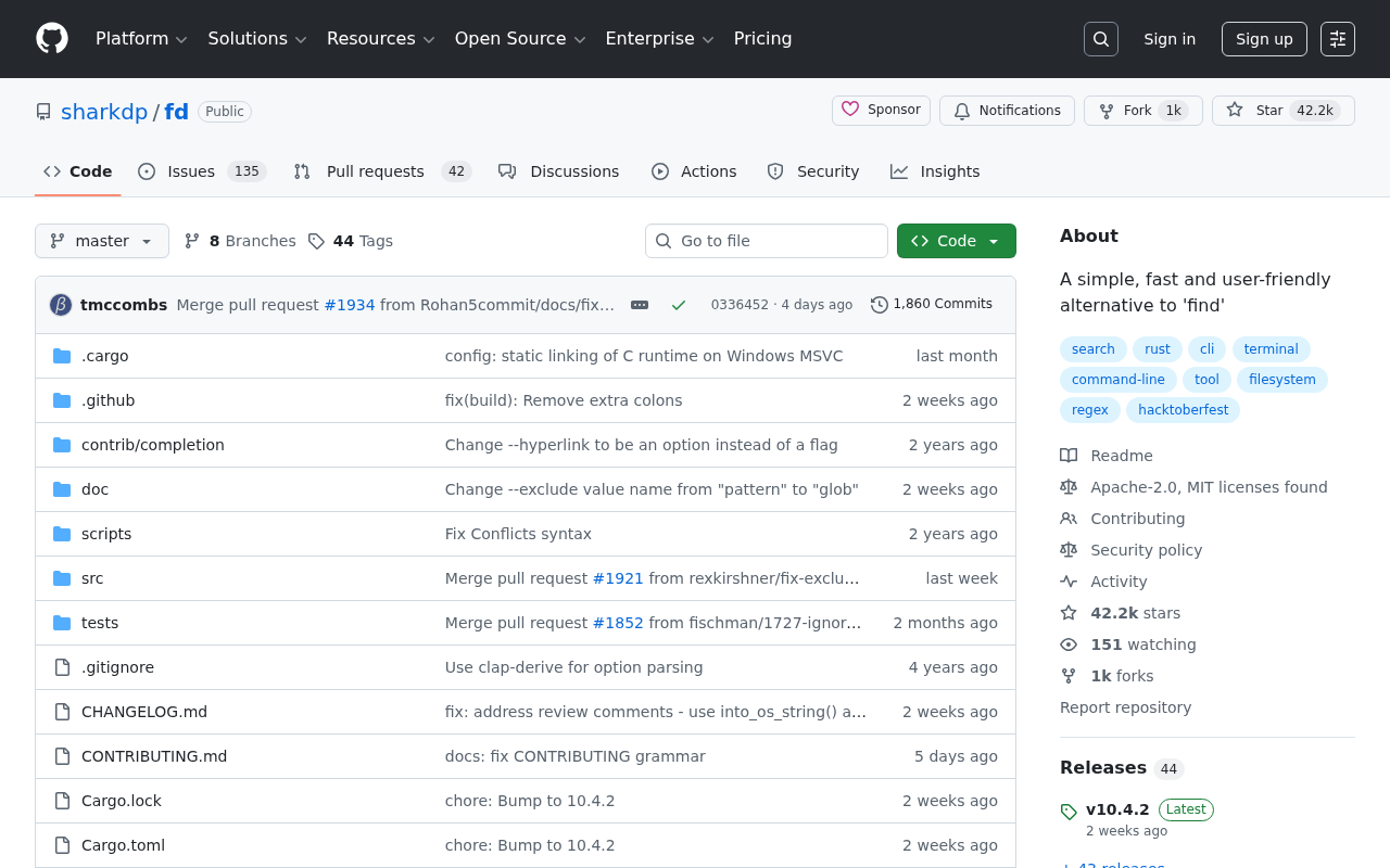 Screenshot of GitHub - sharkdp/fd: A simple, fast and user-friendly alternative to 'find'