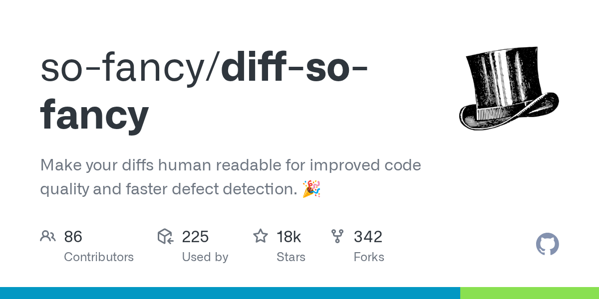 Screenshot of GitHub - so-fancy/diff-so-fancy: Make your diffs human readable for improved code quality and faster defect detection. :tada: