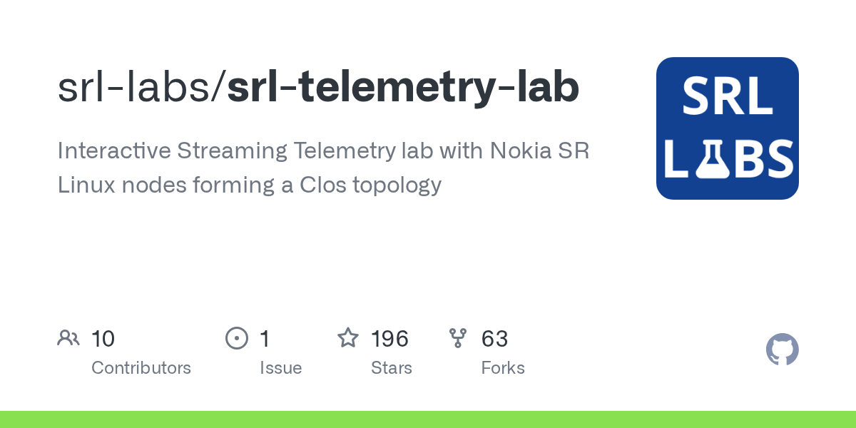 Screenshot of GitHub - srl-labs/srl-telemetry-lab: Interactive Streaming Telemetry lab with Nokia SR Linux nodes forming a Clos topology