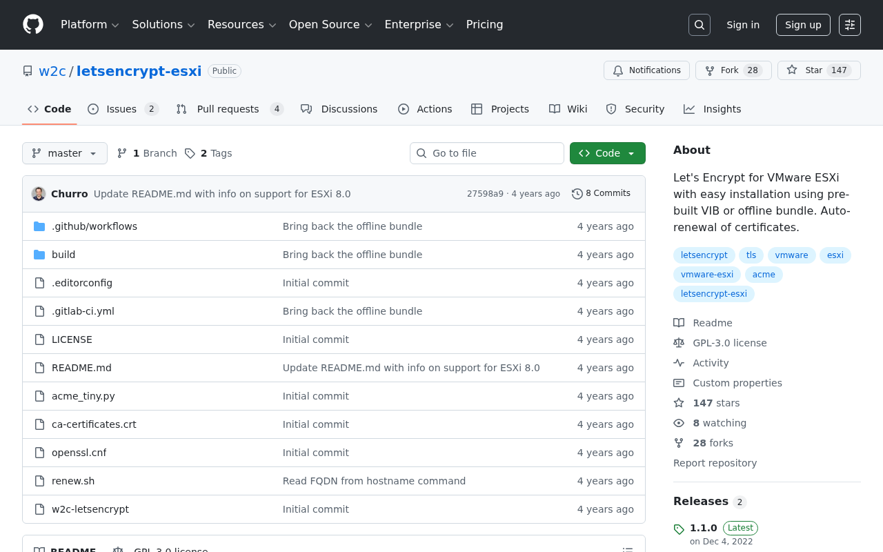 Screenshot of GitHub - w2c/letsencrypt-esxi: Let's Encrypt for VMware ESXi with easy installation using pre-built VIB or offline bundle. Auto-renewal of certificates.