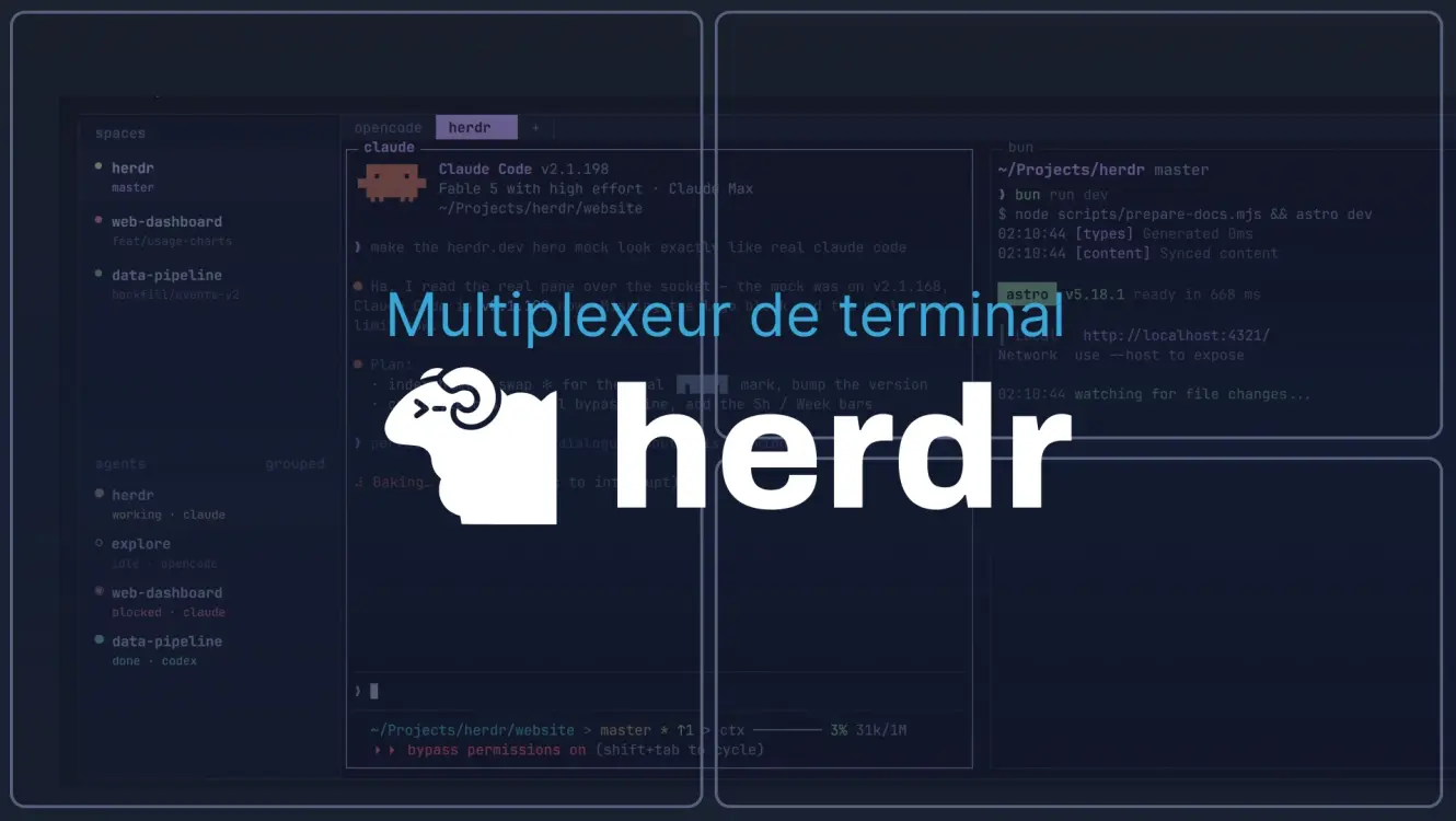 Screenshot of Herdr, un multiplexeur qui gère vos agents, Tutoriel video Unix