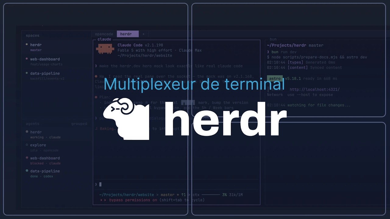 Screenshot of Herdr, un multiplexeur qui gère vos agents