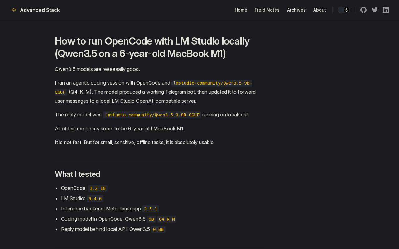Screenshot of How to run OpenCode with LM Studio locally (Qwen3.5 on a 6-year-old MacBook M1) | Advanced Stack