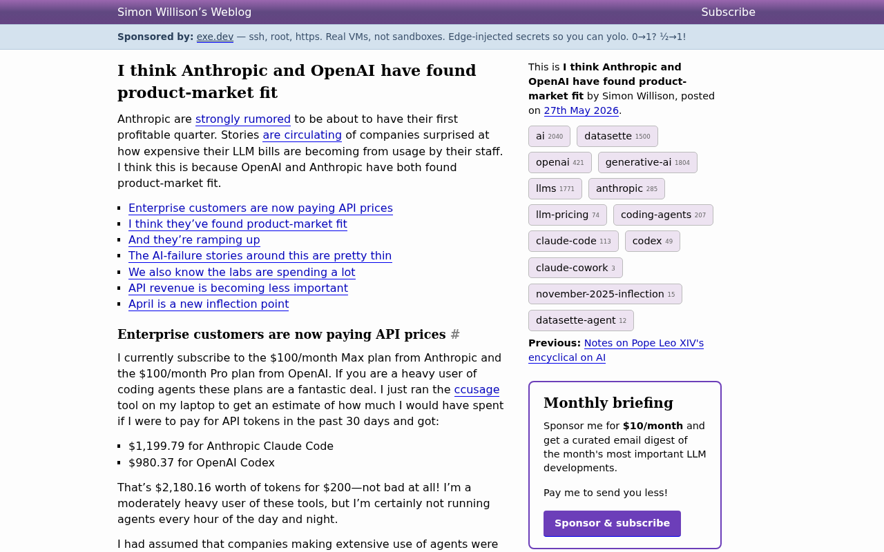Screenshot of I think Anthropic and OpenAI have found product-market fit