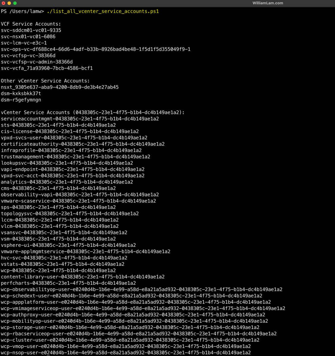 Screenshot of Identifying VMware Cloud Foundation (VCF) managed service accounts in vCenter Server