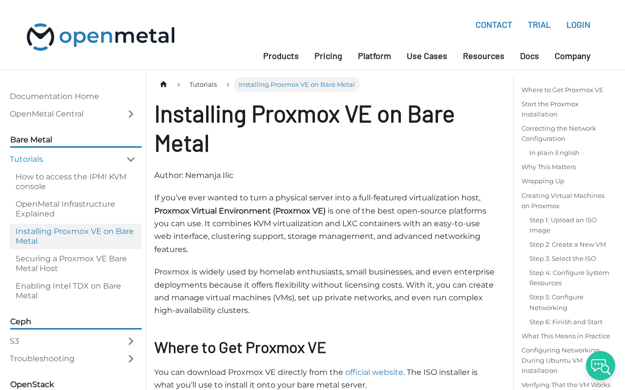 Screenshot of Installing Proxmox VE on Bare Metal | OpenMetal Docs