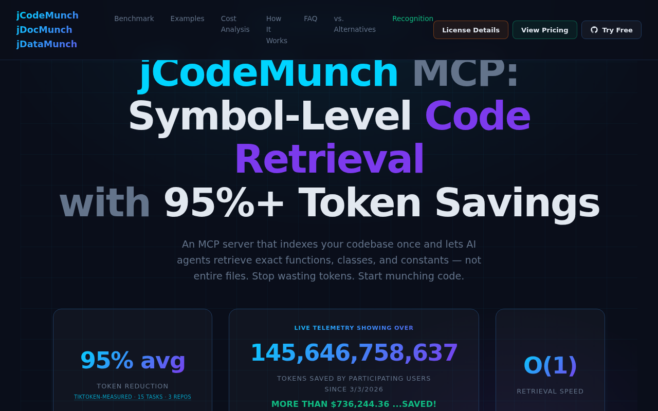 Screenshot of jCodeMunch MCP — Token-Efficient Code Retrieval for AI Agents