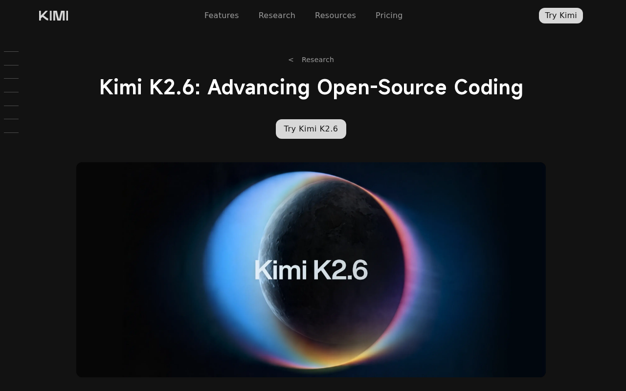 Screenshot of Kimi K2.6 Tech Blog: Advancing Open-Source Coding