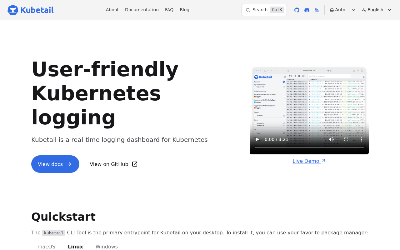 Screenshot of Kubetail | Kubernetes logging dashboard