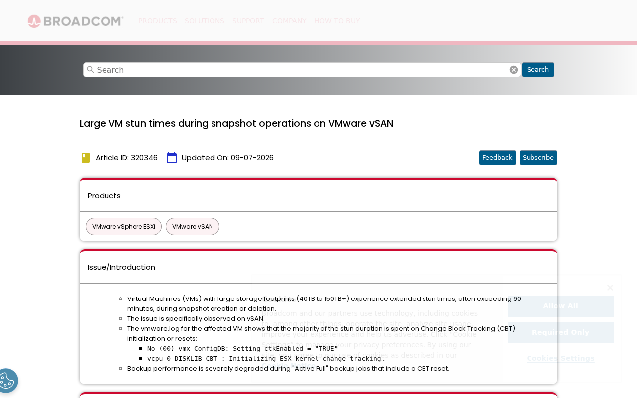 Screenshot of Large VM stun times during snapshot operations on VMware vSAN