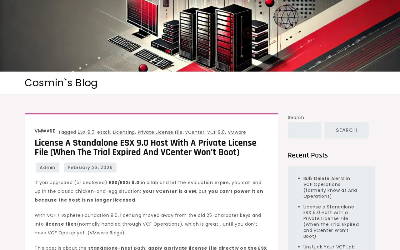 Screenshot of License a Standalone ESX 9.0 Host with a Private License File (When the Trial Expired and vCenter Won’t Boot)