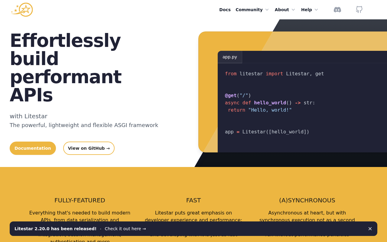 Screenshot of Litestar | Effortlessly Build Performant APIs