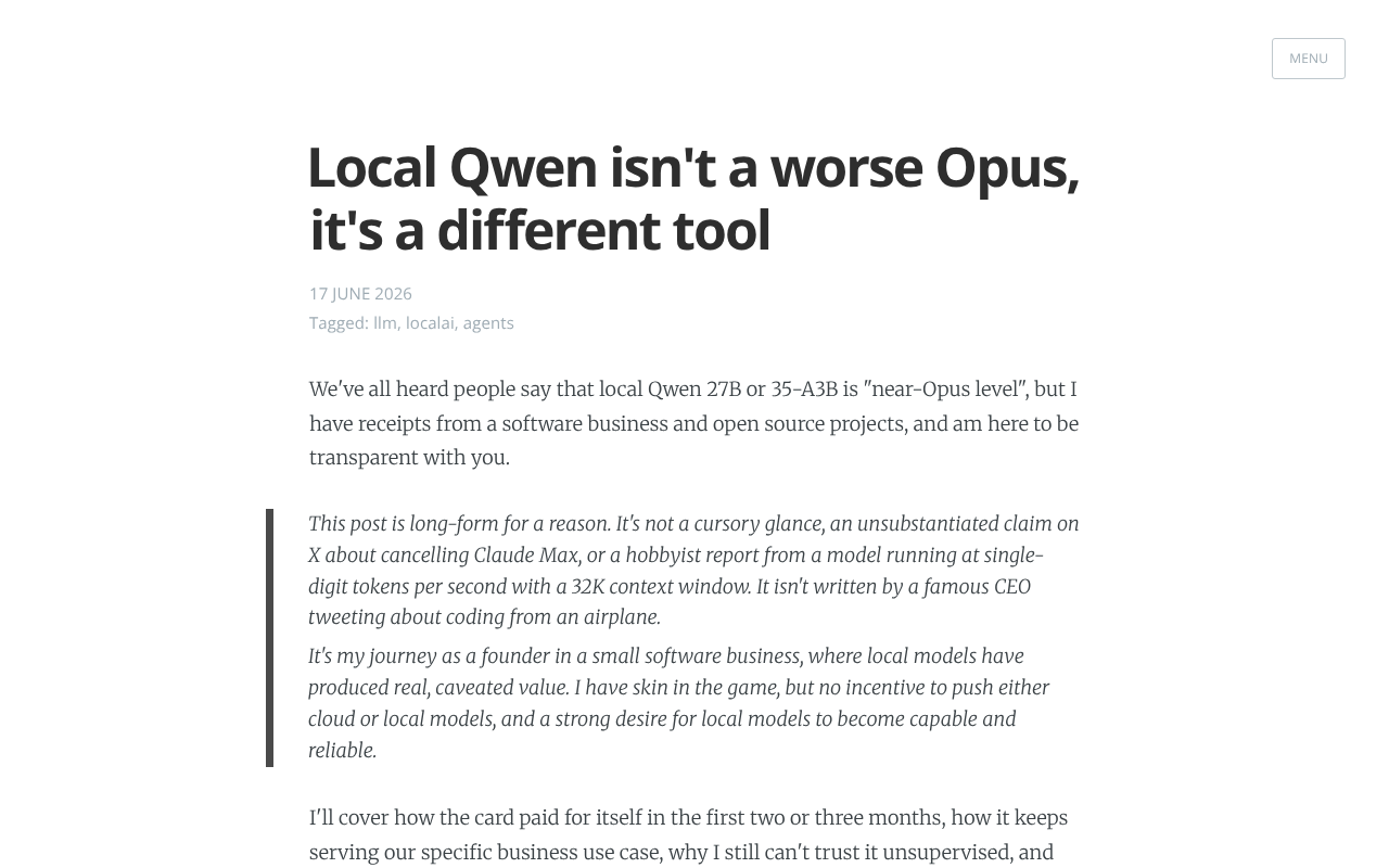 Screenshot of Local Qwen isn't a worse Opus, it's a different tool