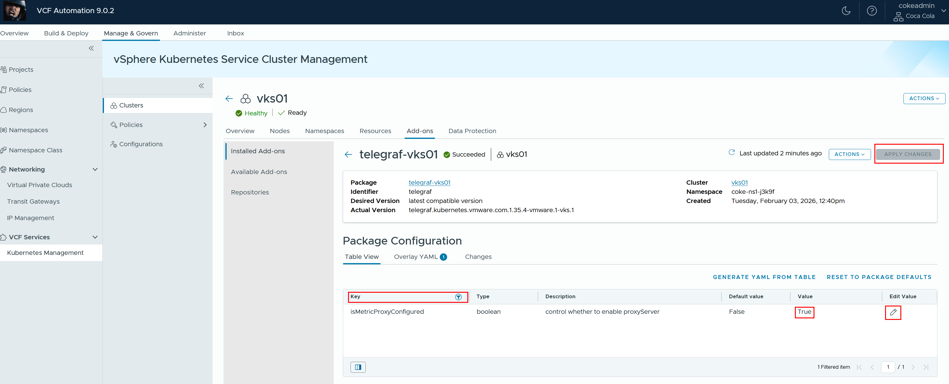 Screenshot of Monitoring VKS Cluster in VCF Automation