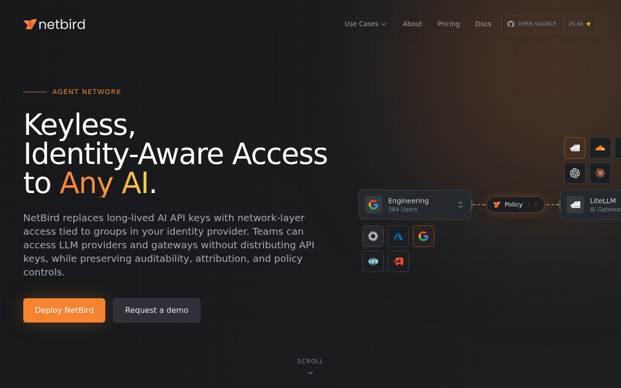 Screenshot of NetBird Agent Network - Keyless, Identity-Aware Access for AI Gateways